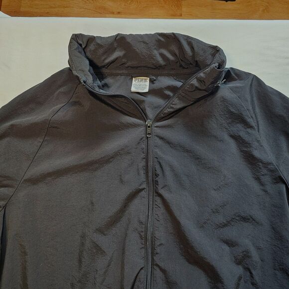 Pink Victoria's Secret Black Windbreaker Zip Up Jacket w Hood sz L/XL - Picture 6 of 6